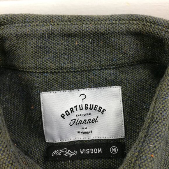 Portuguese Flannel Shirt Donegal Flecked Long Sleeve Button Up Green Mens Medium - Picture 3 of 9